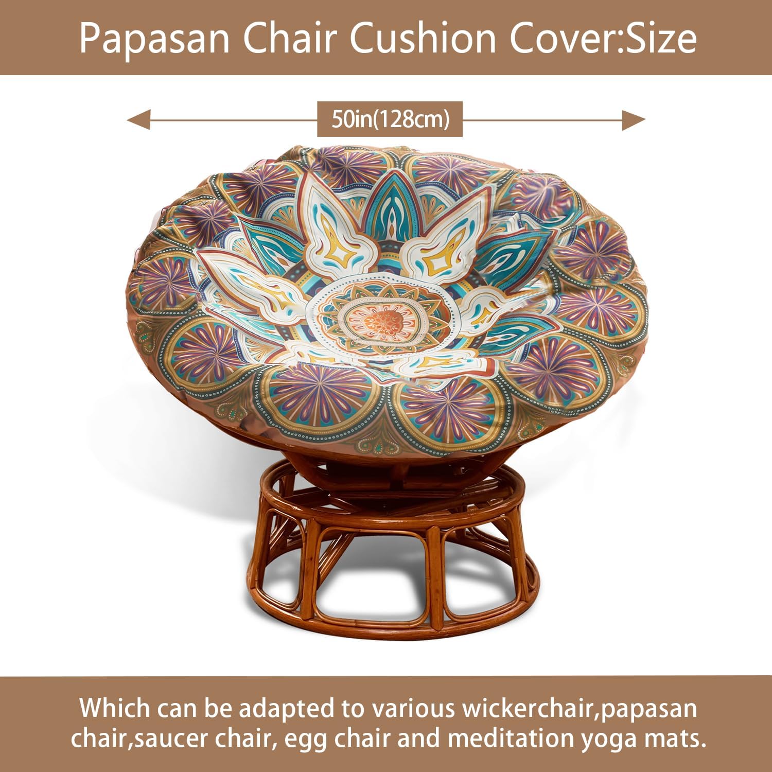 Papasan Cushion Cover Only, Water Resistant Papasan Chair Cushion Cover for Outdoor lndoor,Skin-Friendly Soft Machine Washable Unfading Zippered Cover (Mandalas 3, 50in)