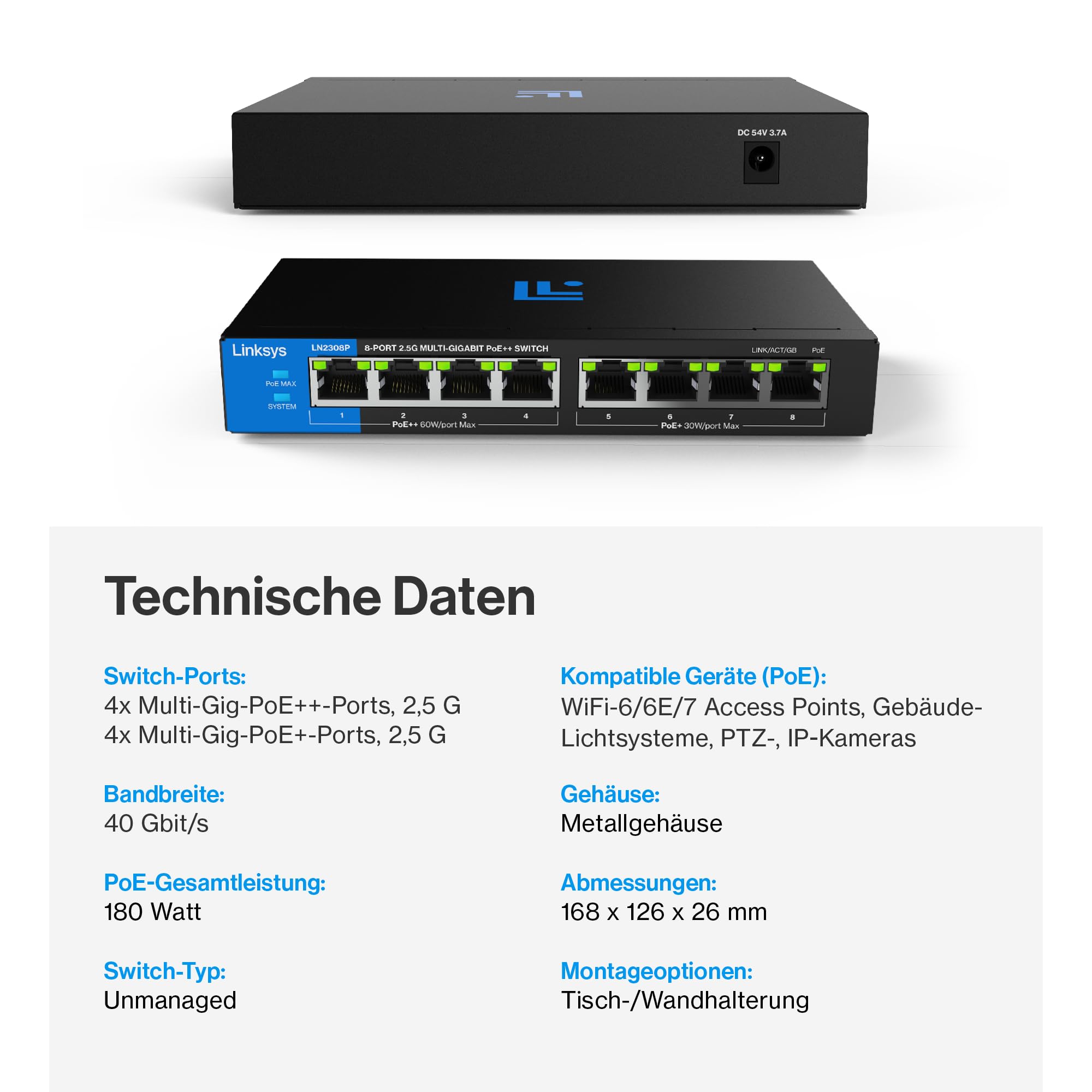 Linksys 8-Port, 2,5 G Multi-Gig Unmanaged PoE++-Switch | Energieeffizientes Ethernet | Full-Duplex-Flusskontrolle | Für WiFi 6/6E/7 Access Points & IP-Kameras | Metallgehäuse | PoE-Leistung von 180 W