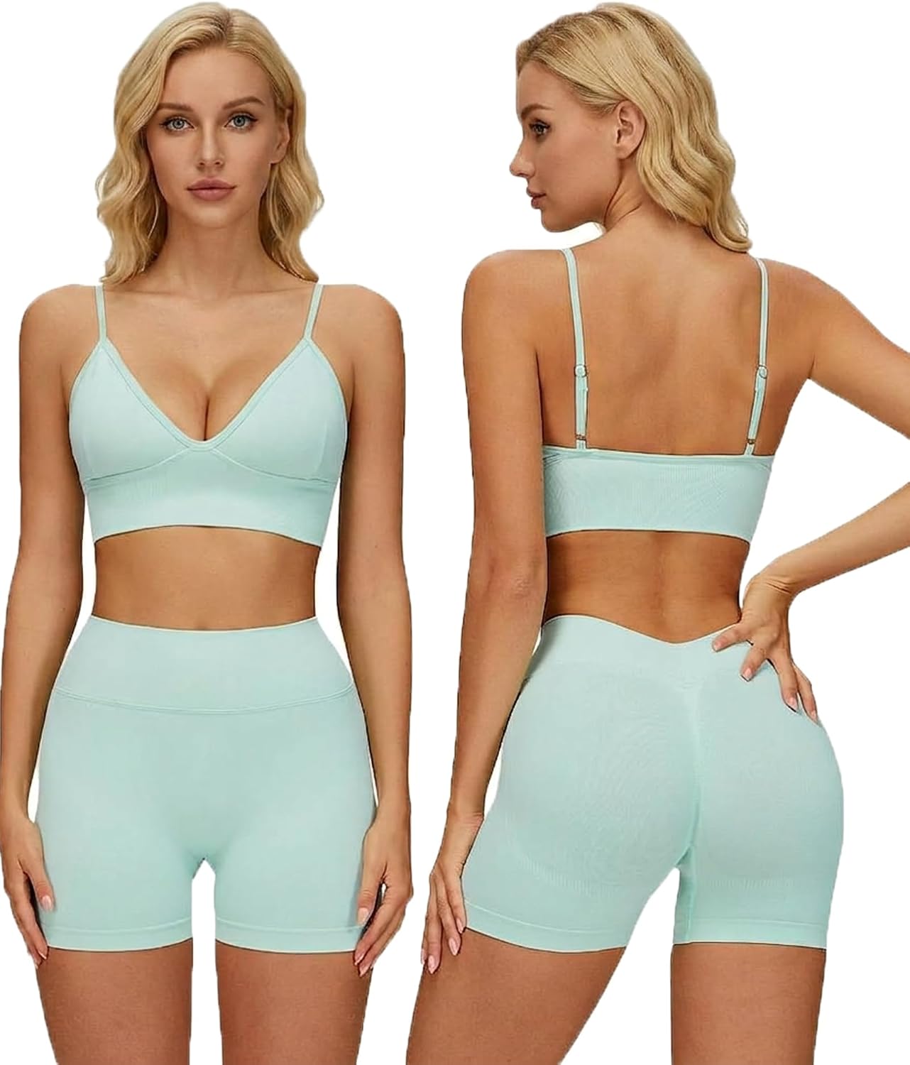 2 Piece Workout Set for Women, Deep V Spaghetti Straps Sports Bra & High Waist V Back Shorts, Yoga Gym Outfit