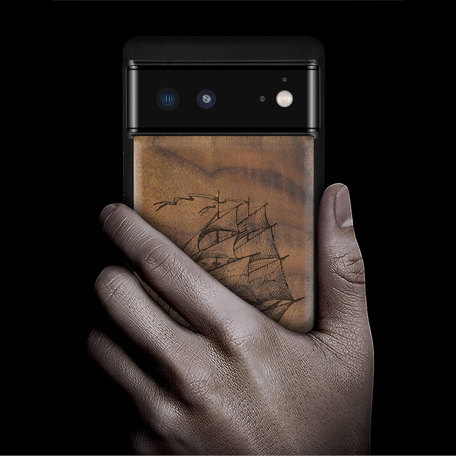 Carveit Wood Case for Pixel 6 Case [Natural Wood & Black Soft TPU] Shockproof Protective Unique & Classy Wooden Cover Compatible with Google Pixel 6 (Pirate Ship-Walnut)