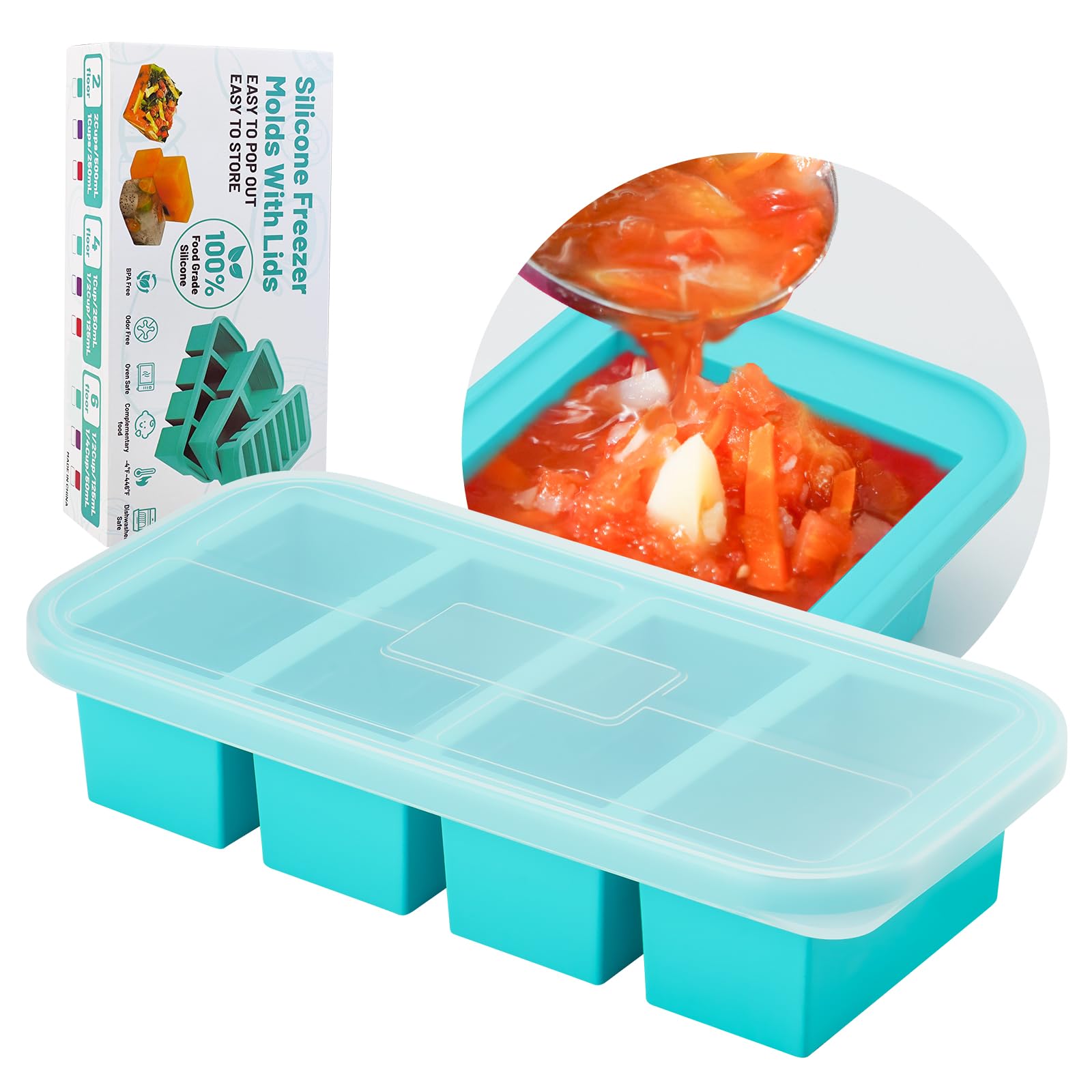 SHIKORI Bandeja de silicona para congelador con tapa, moldes de silicona para congelador, bandeja grande para cubitos de hielo, recipiente de silicona para congelar, congelar y almacenar sopa, salsa,