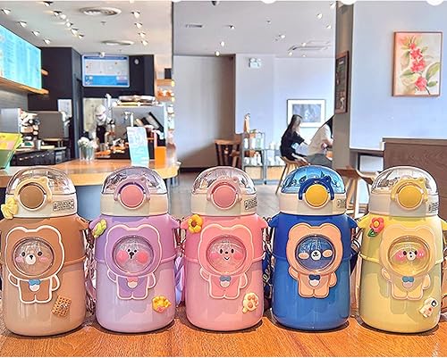 Miniatura 2 de Camidy Kawaii Bear - Botella de agua con popote y correa para el hombro, a prueba de fugas, de acero inoxidable al vacío, sin BPA, lindas botellas