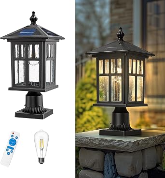 zeyu 19 Inch Solar Post Light with Pier Mount, Modern Large Solar Lamp Post Light for Patio with Remote Control, Die-Cast Aluminum with Seeded Glass Shade, Black Finish, ZX107P-SL BK