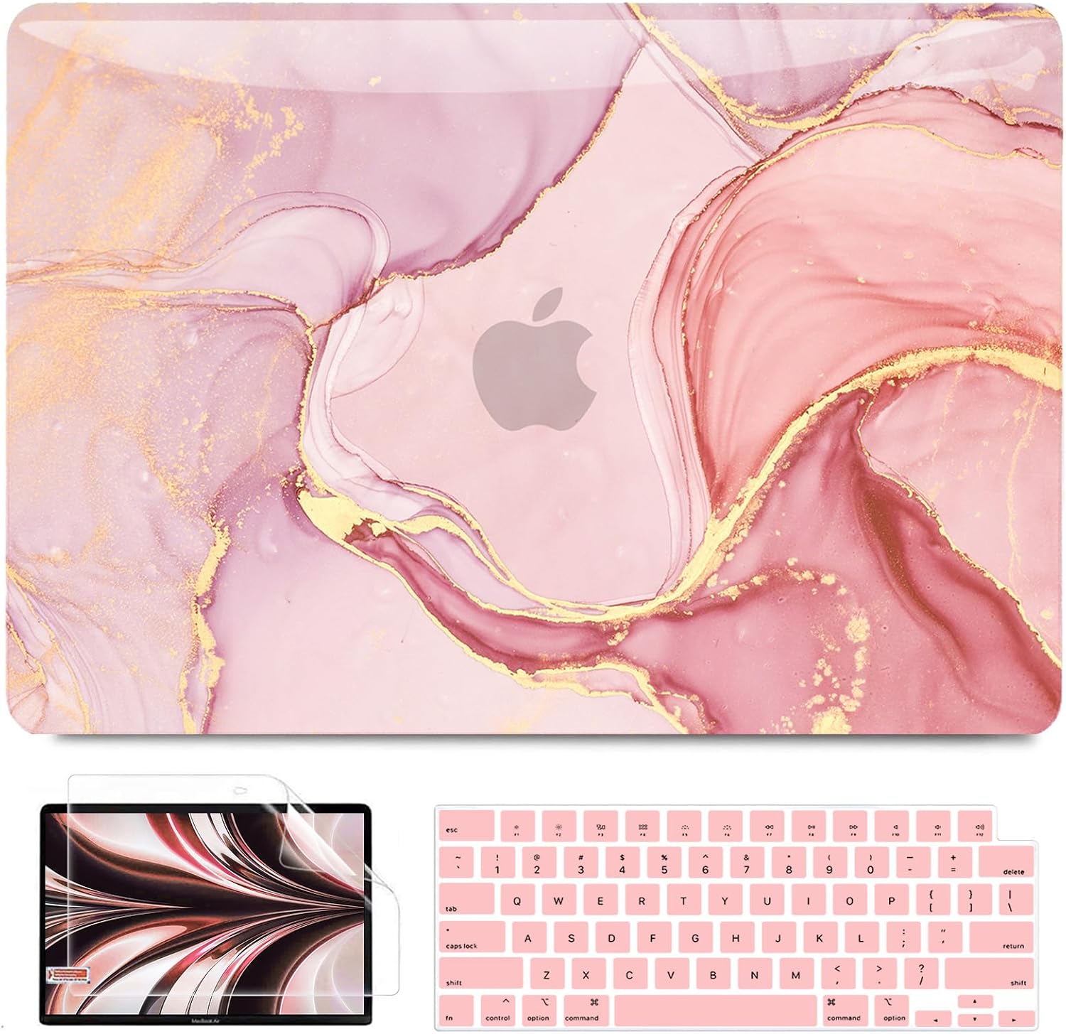 B BELK Compatible with MacBook Air 13 inch Case 2026 2025 2024 2023 2022 M4 M3 M2 A3240 A3113 A2681, Plastic Hard Shell Case for MacBook Air 13.6 inch + Keyboard Cover + Screen Protector, Pink Marble