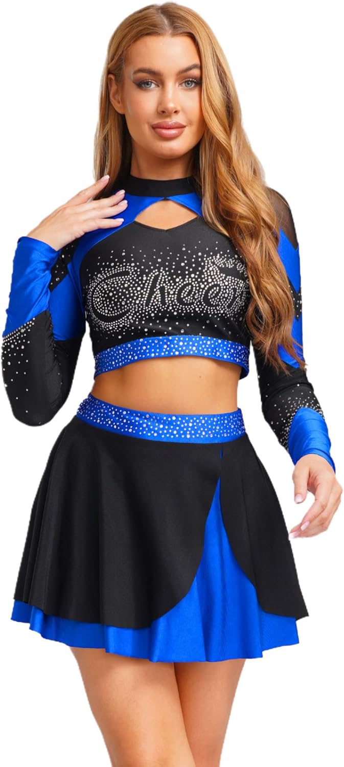 Women's Shiny Rhinestone Cheerleading Uniform Long Sleeve Hollow Out Crop Top Skating Skirt Royal Blue Small