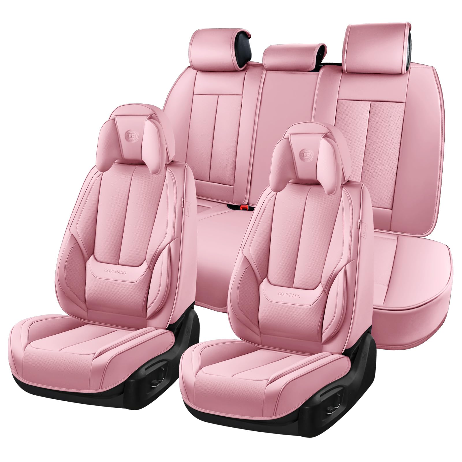 Coverado Seat Covers Full Set, 5 Seats Seat Covers for Cars, Waterproof Nappa Leather Car Seat Covers with Head Pillow, Seat Protectors Car Seat Cushion Universal Fit for Most Cars (Pink)