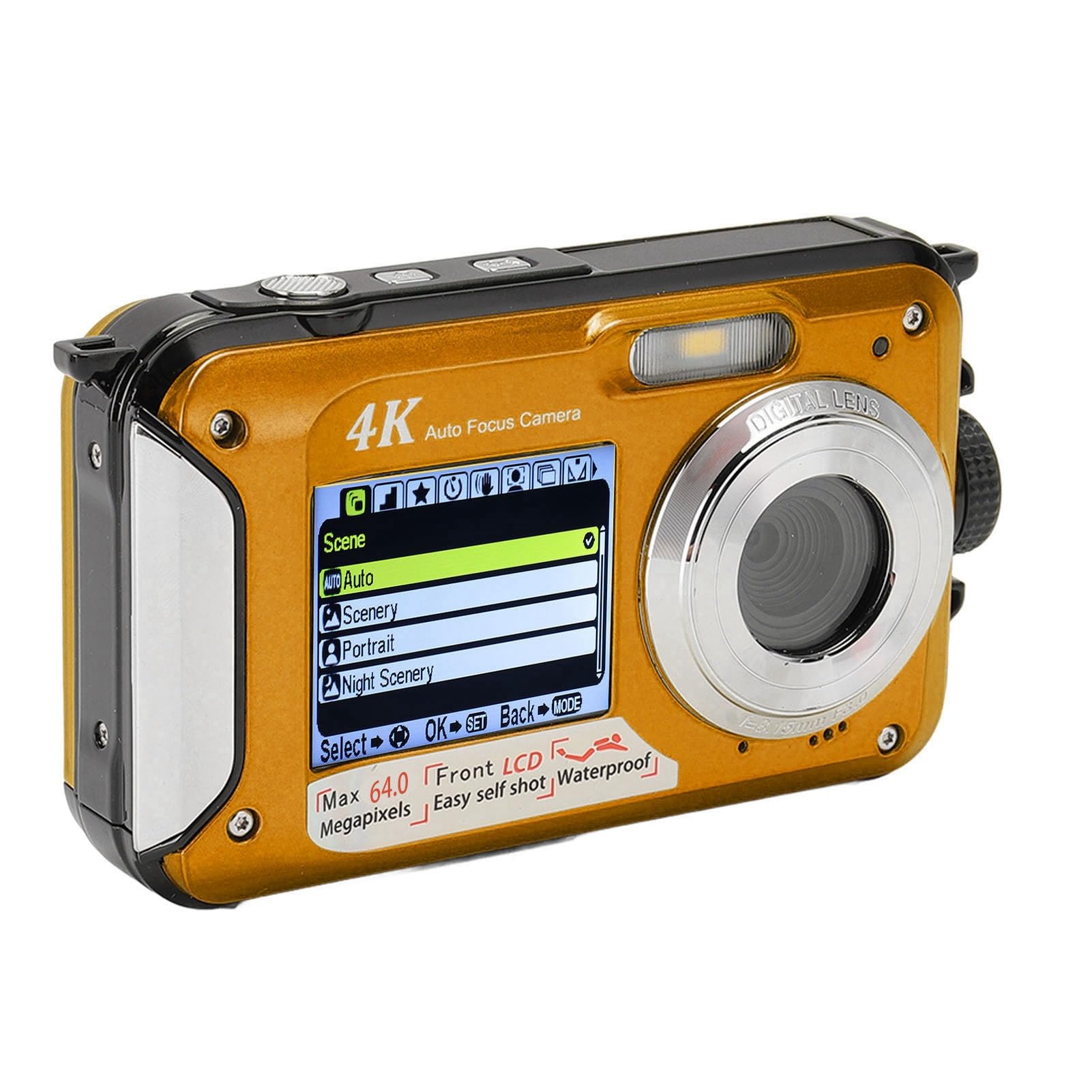 Podwodny Aparat 4K, Wodoodporny Aparat 56 MP z 16-krotnym Zoomem, Dwa Ekrany, Karta 64 GB, Automatyczne Ustawianie Ostrości, Kompaktowy Wodoodporny Aparat Cyfrowy 10FT (YELLOW)