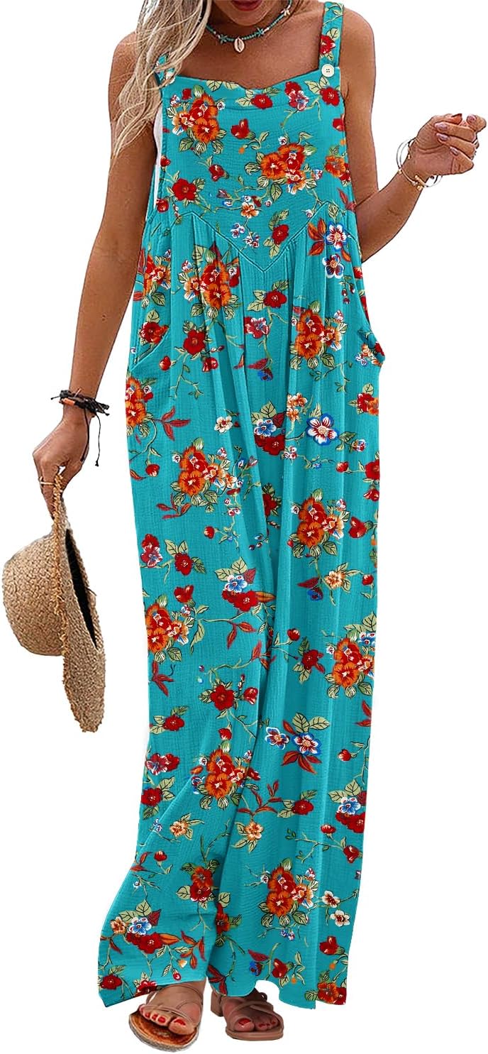 Women's Summer Casual Overalls Loose Wide Leg Jumpsuits Boho Floral Printed Baggy Rompers with Pockets PZH