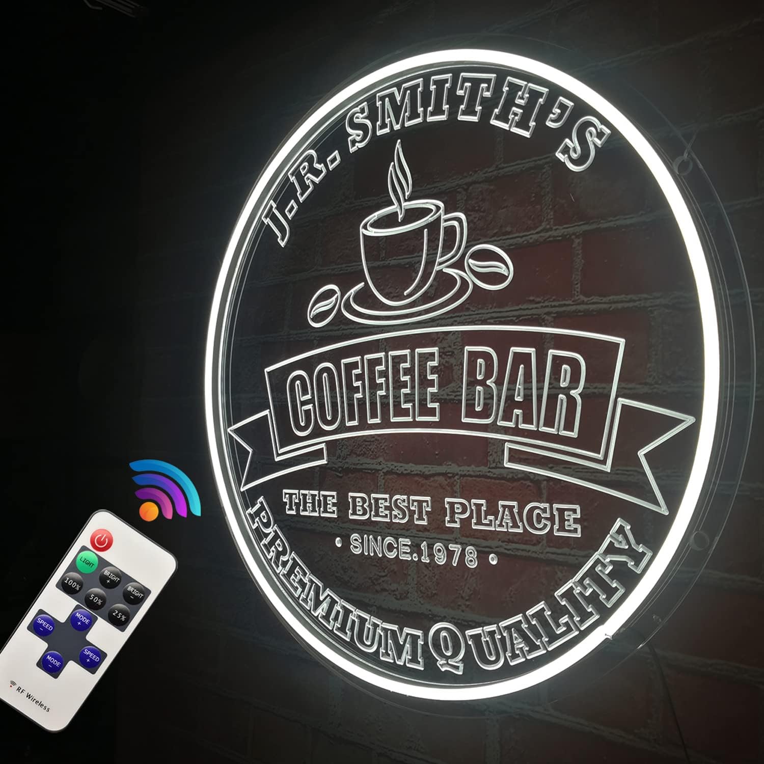 Custom Coffee Bar Neon Light Sign, Personalized Wall Décor Kitchen Coffee LED Sign for Kitchen, Coffee Station, Office, Business, Cafe Bar Décor,16” Round (Coffee Bar 1)