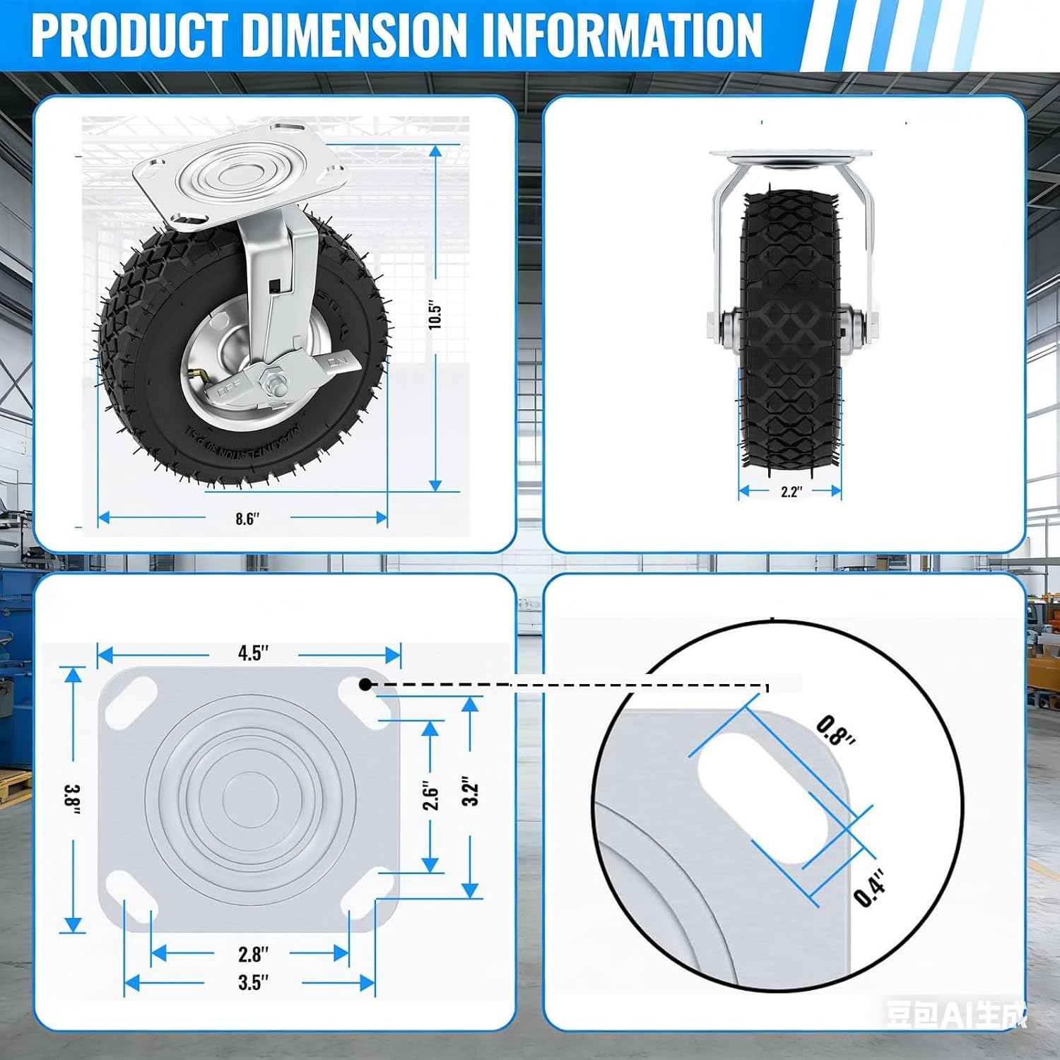 10 inch Casters Wheels, Heavy Duty Casters Set of 4 Load 1300lbs with Brake, Locking Swivel Plate Caster?off road caster wheels 10 inches