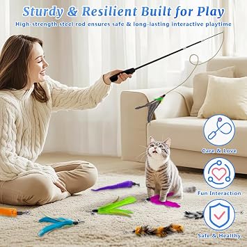 14 PCS Cat Feather Teaser Set, Interactive Cat Toys with 2 Retractable Cat Wand and 12 Replacement Toys for Indoor Cats Kitten, Exercise Playing Fun Catcher Toys