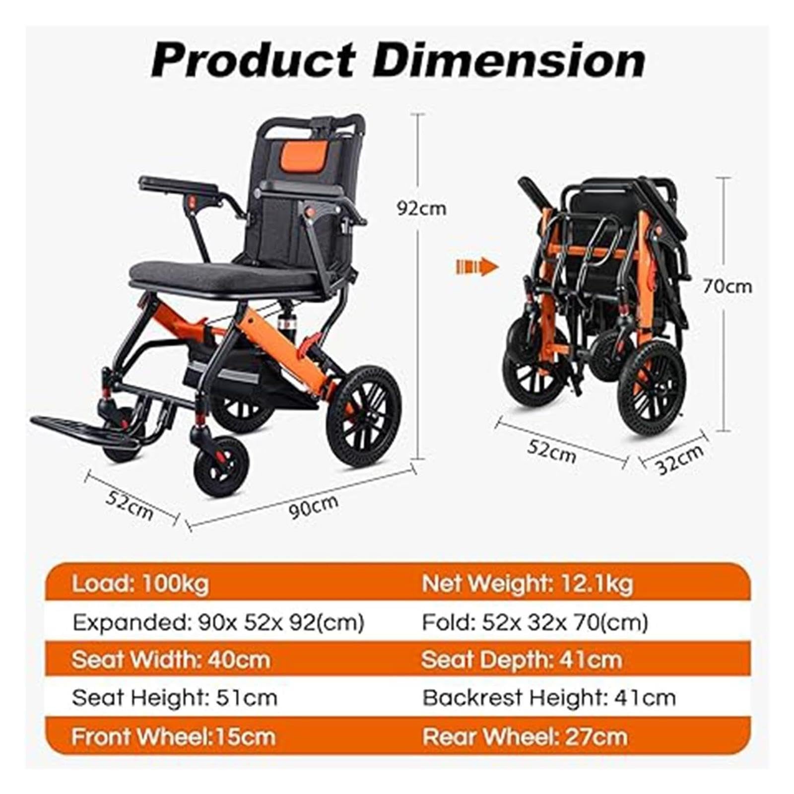 Silla de ruedas de transporte plegable, ligera para viaje