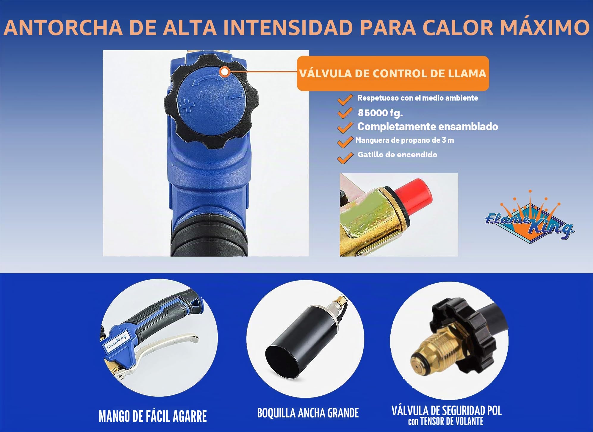 Flame King Kit de antorcha de propano resistente para malas hierbas, 340,000 BTU con encendedor piezoeléctrico (autoencendido), con conjunto regulador de manguera de 6 pies