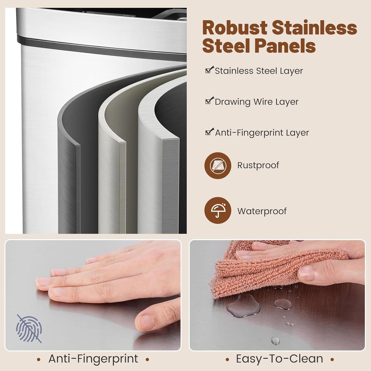 Diagram showing the 3-layered stainless steel construction with anti-fingerprint and easy-to-clean properties