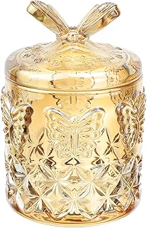 SOCOSY Embossed Amber Glass Butterfly Candy Jar with Lid Footed Jewelry Box Sugar Bowl Wedding Candy Buffet Container Kitchen Storage Jar, 12 oz
