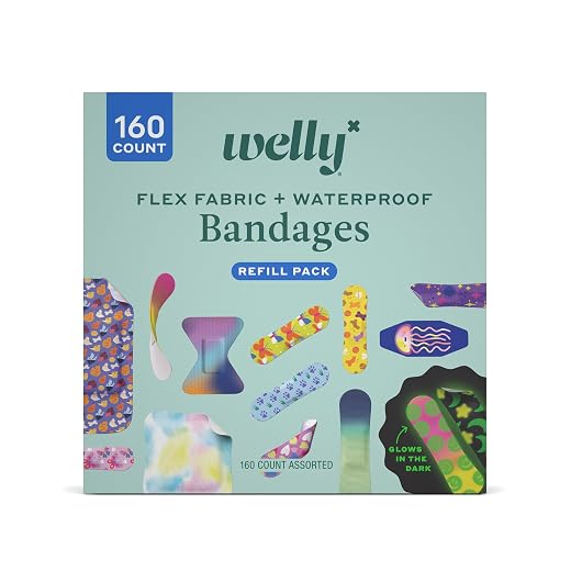Welly Bandage Large Refill Pack | Adhesive Flexible Fabric, Glow-in-the-Dark & Waterproof Bandages | Assorted Shapes and Patterns for Minor Cuts, Scrapes, and Wounds - 160 Count