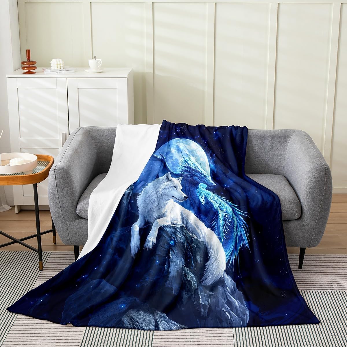 Homewish Wolf and Dragon Flannel Blankets,Western Magical Animals Fleece Blanket,Kids Girls Boys Adult Moonlight Night Fuzzy Blankets Natural Mountain Sherpa Blanket Chair Sofa Bed Decor,50"×60"