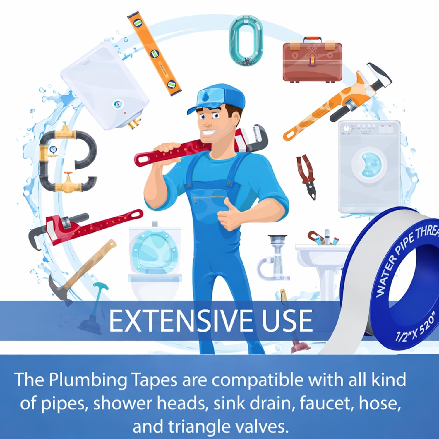 PTFE Teflon Thread Seal Tape, 4 Rolls, 1/2 Inch x 520 Inches, Plumbing Thread Sealing Tape for Shower Heads, Water Pipe Sealing, Leak-Proof Pipe Fittings