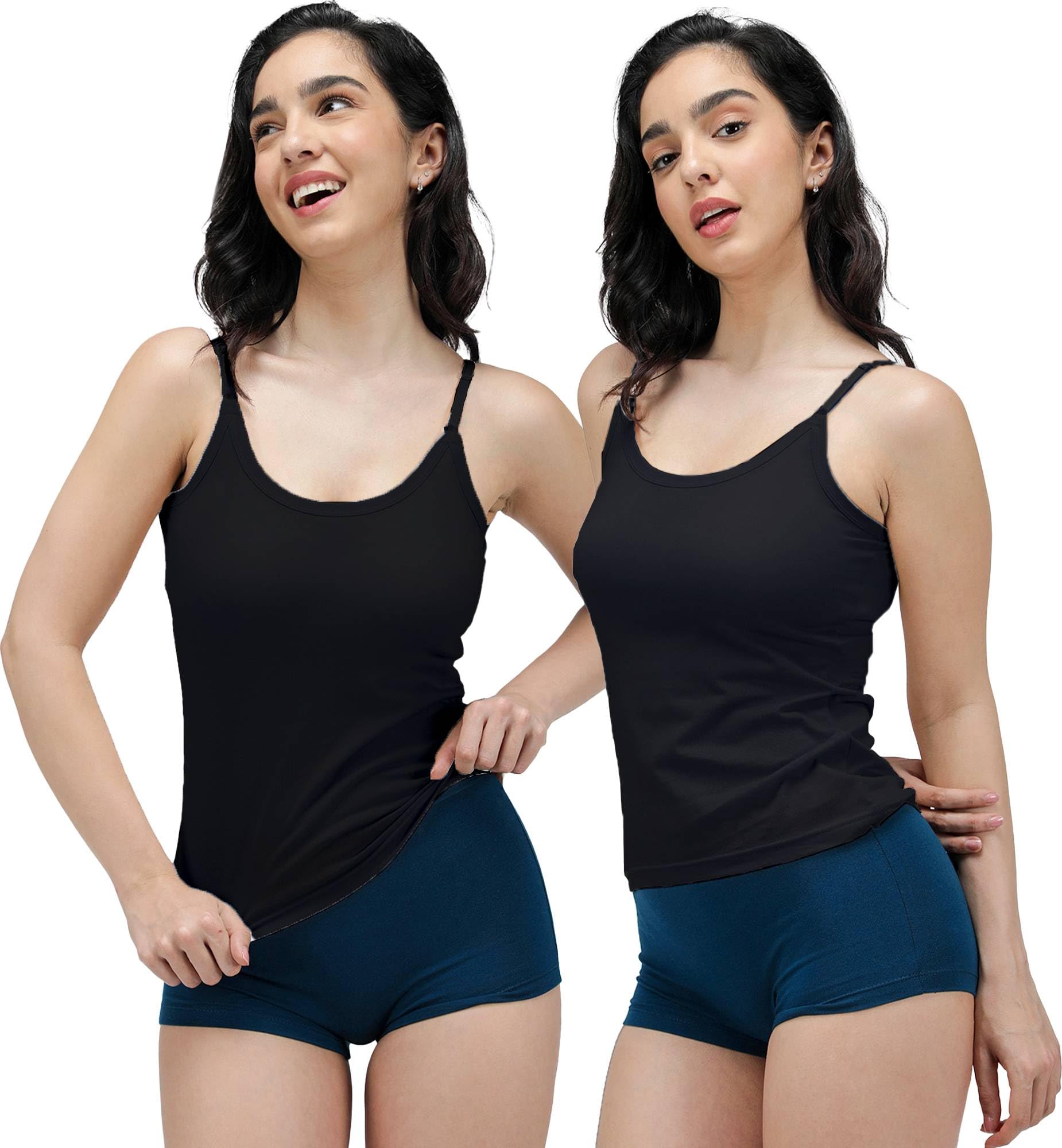 Women's Cotton Regular Fit Camisole Slip | Pack of 2 | Black-picture-33