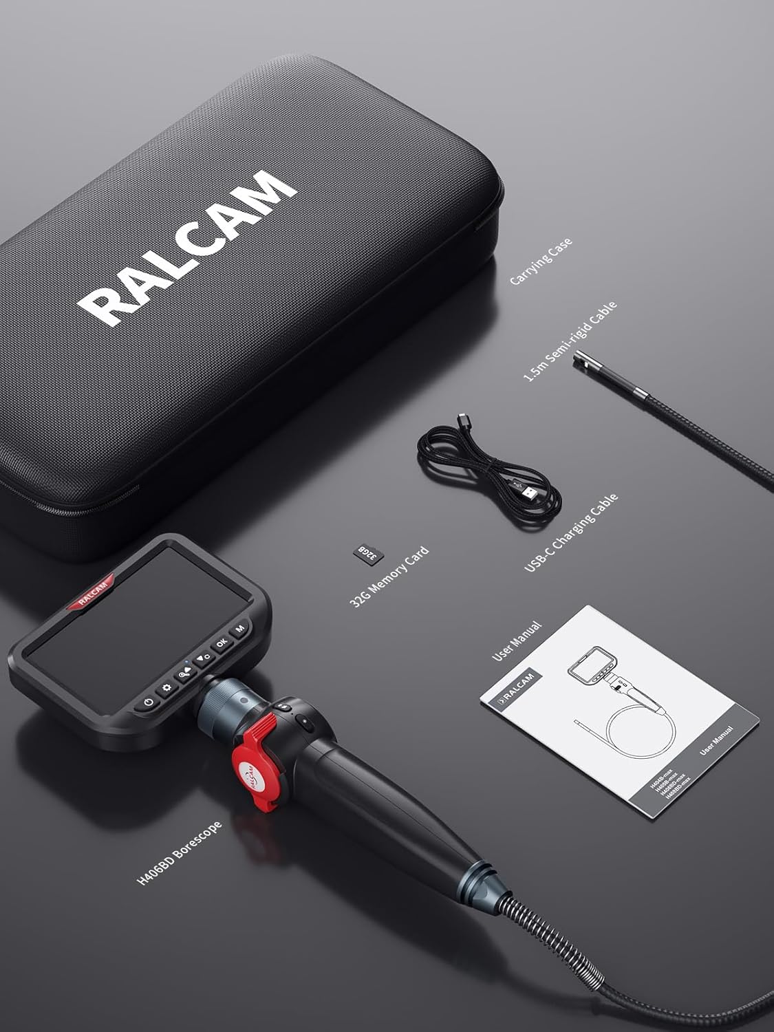 Ralcam Dual Lens Articulating Borescope, 6.5mm Slim Probe, 5" Endoscope Camera with Light, 5FT Semi-Rigid Cable, Two-Way Articulated Inspection Camera for Automotive Wall Pipe