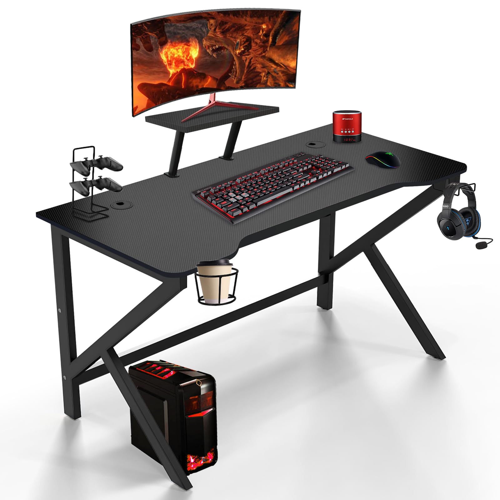Scrivania Gaming Regolabile, Tavolo Gaming 100x55, Postazione Gaming con Piano del Tavolo in Fibra di Carbonio, tavolo gaming a forma di k con porta tazza, gancio per cuffie, ergonomico
