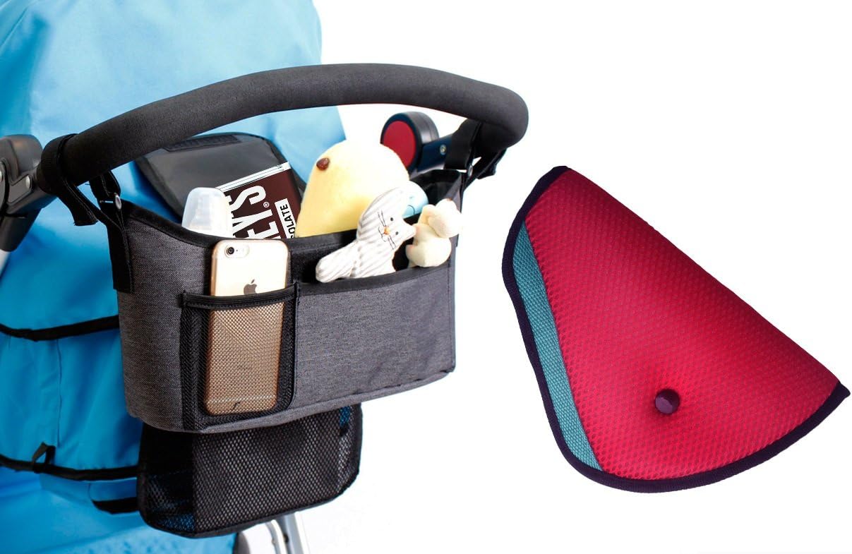 Stroller Organizer - Universal fit with Adjustable Straps with Free Car Seatbelt Cover - Grey Denim Fabric - Stroller Accessories for Baby Stuff