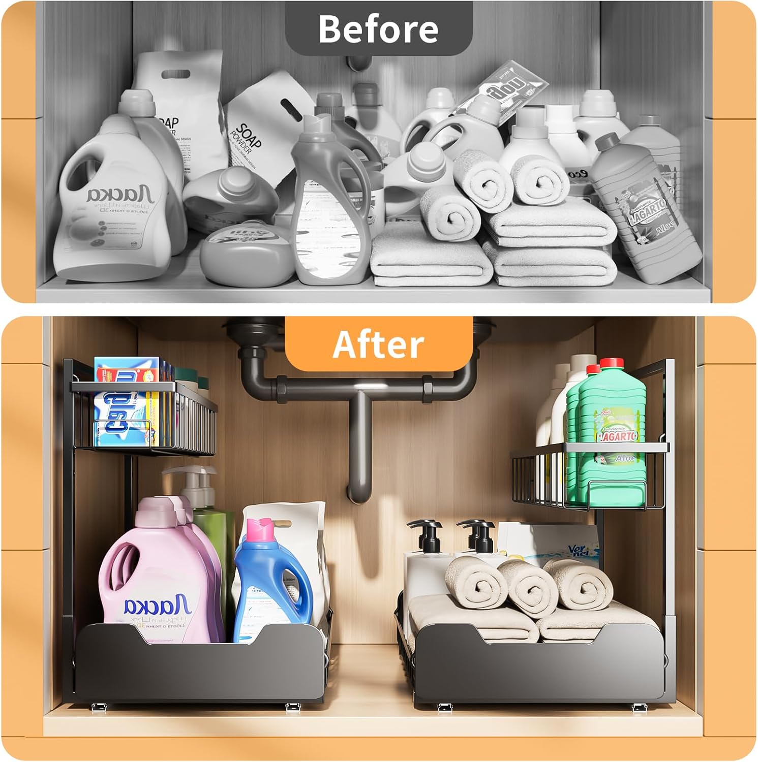 Under Sink Organizer, 2-Tier L-Shaped Pull Out Cabinet Shelf with 2 Installation Methods, Adjustable Sliding Storage Drawer for Kitchen, Bathroom, Laundry, Metal, Black - Image 7