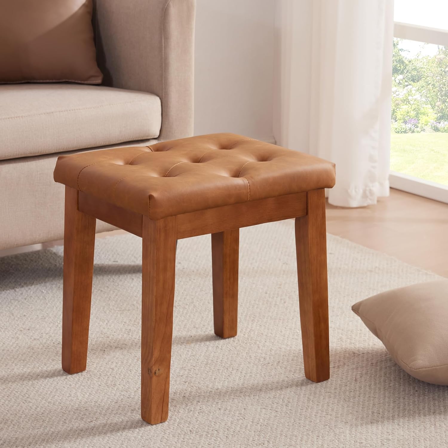 Upholstered Ottoman Stool with Padded Seat, Tufted Vanity Stool with Solid Wood Legs, Accent Stools, Faux Leather Cognac Brown
