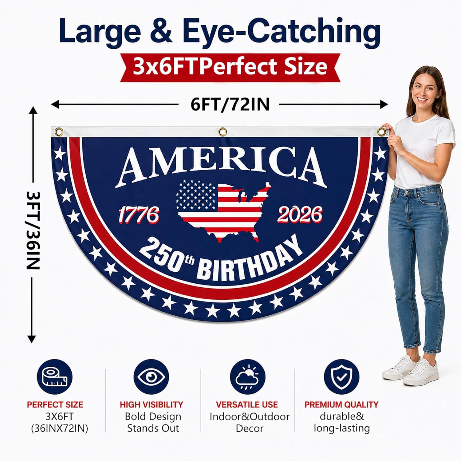 WENWELL 250 Year Anniversary Patriotic Fan Bunting Banner 1776–2026, USA Map Flag Design with Stars, 3x6 FT Large Outdoor Decoration, Brass Grommets, 2 Pack