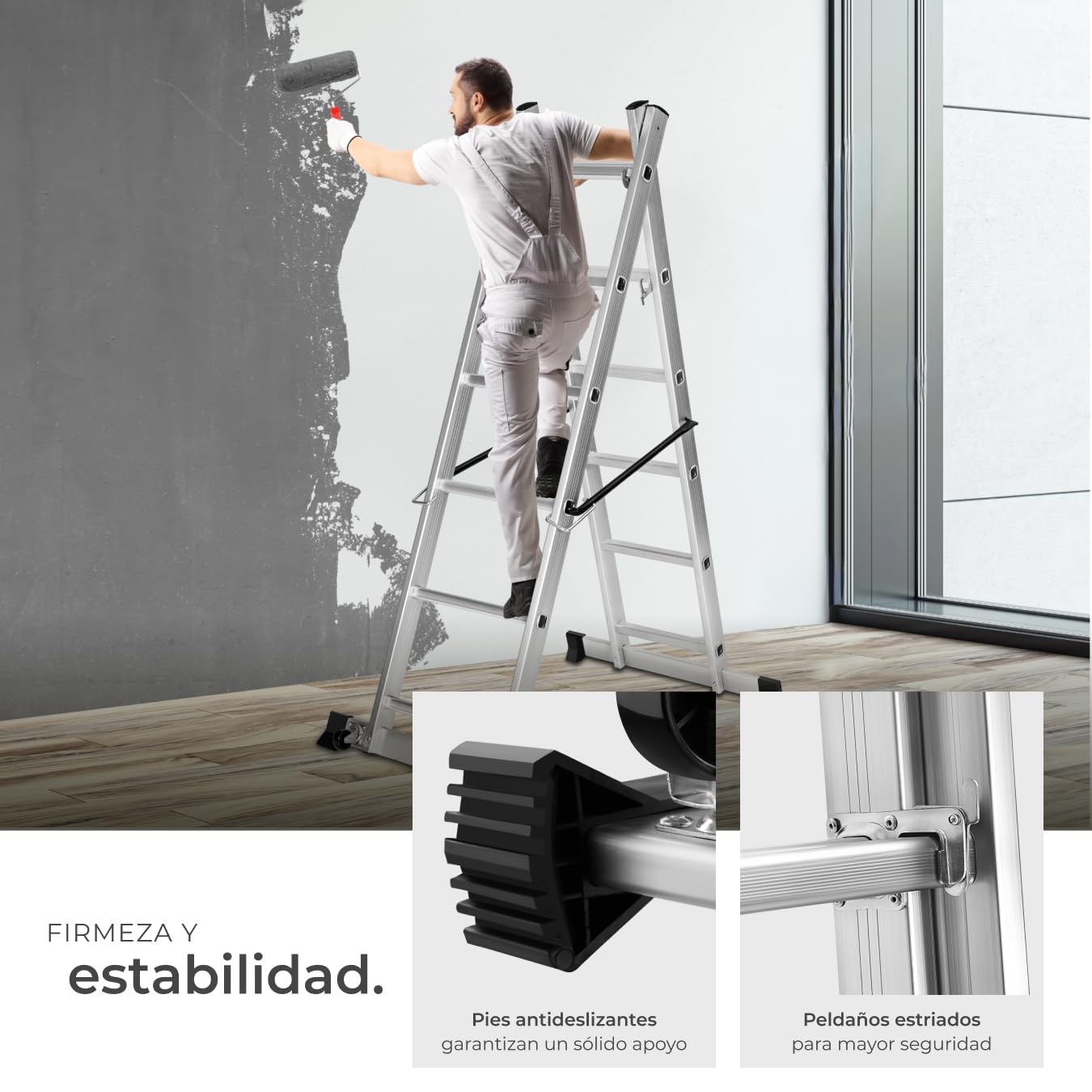 tectake® Escalera Plegable Aluminio, Escalera Telescópica Multiusos 4 en 1: Escalera Extensible, Escalera de Tijera, Andamio Simple, Andamio para Desniveles, con Ruedas, Estable, Carga MAX. 150 kg