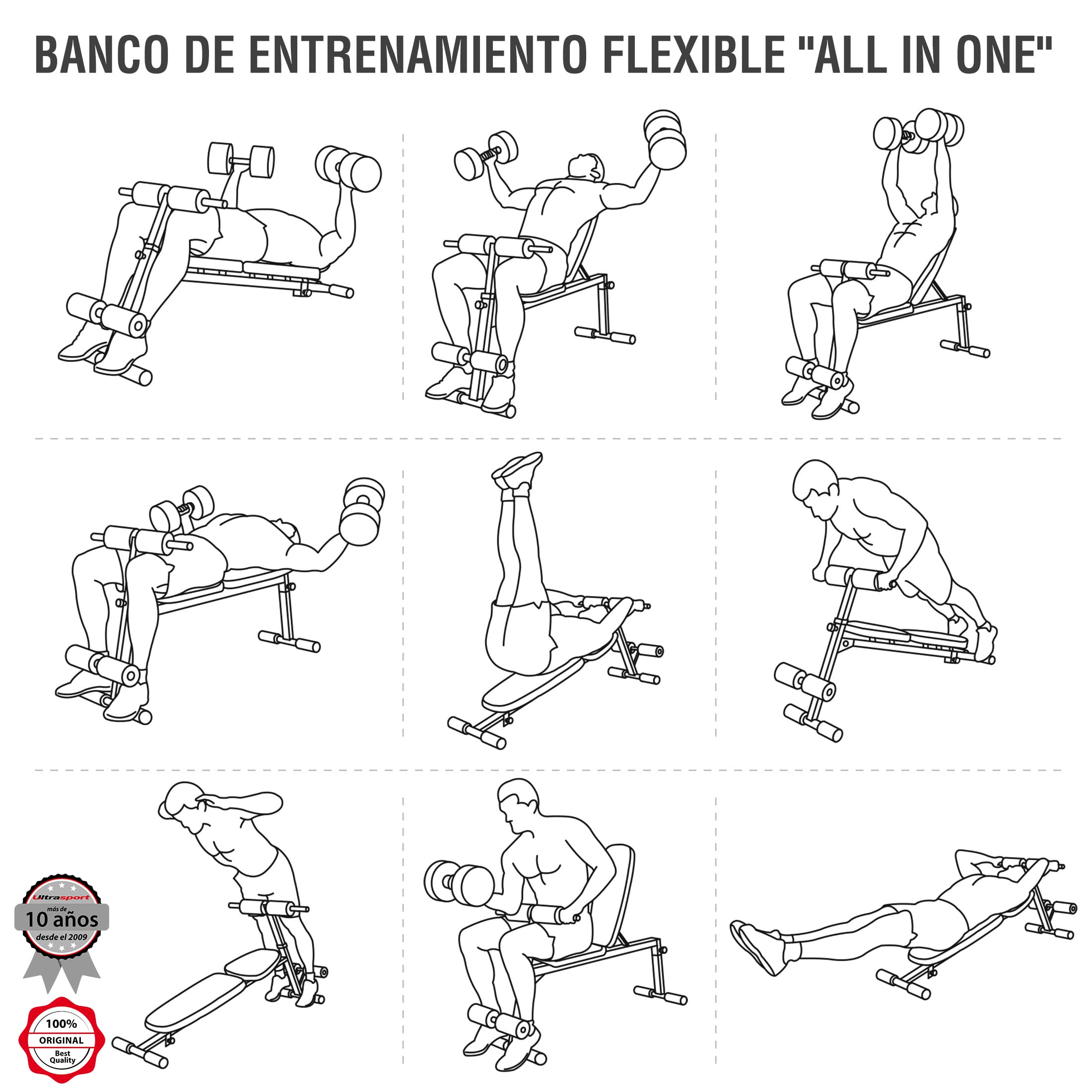 Ultrasport banco de pesas, multifuncional, plegable, banco plano, banco de abdominales, ajustable en 18 posiciones, repelente al agua, entrenador de abdominales, capacidad de carga hasta 500 kg