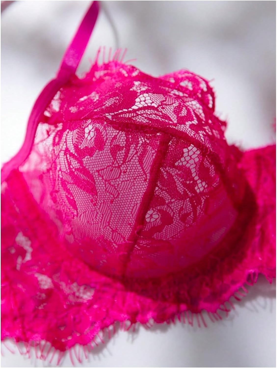 GORGLITTER Women's Sexy 2 Piece Lingerie Set Eyelash Lace Trim Sheer Mesh Balconette Bra with Thong Panties Sets