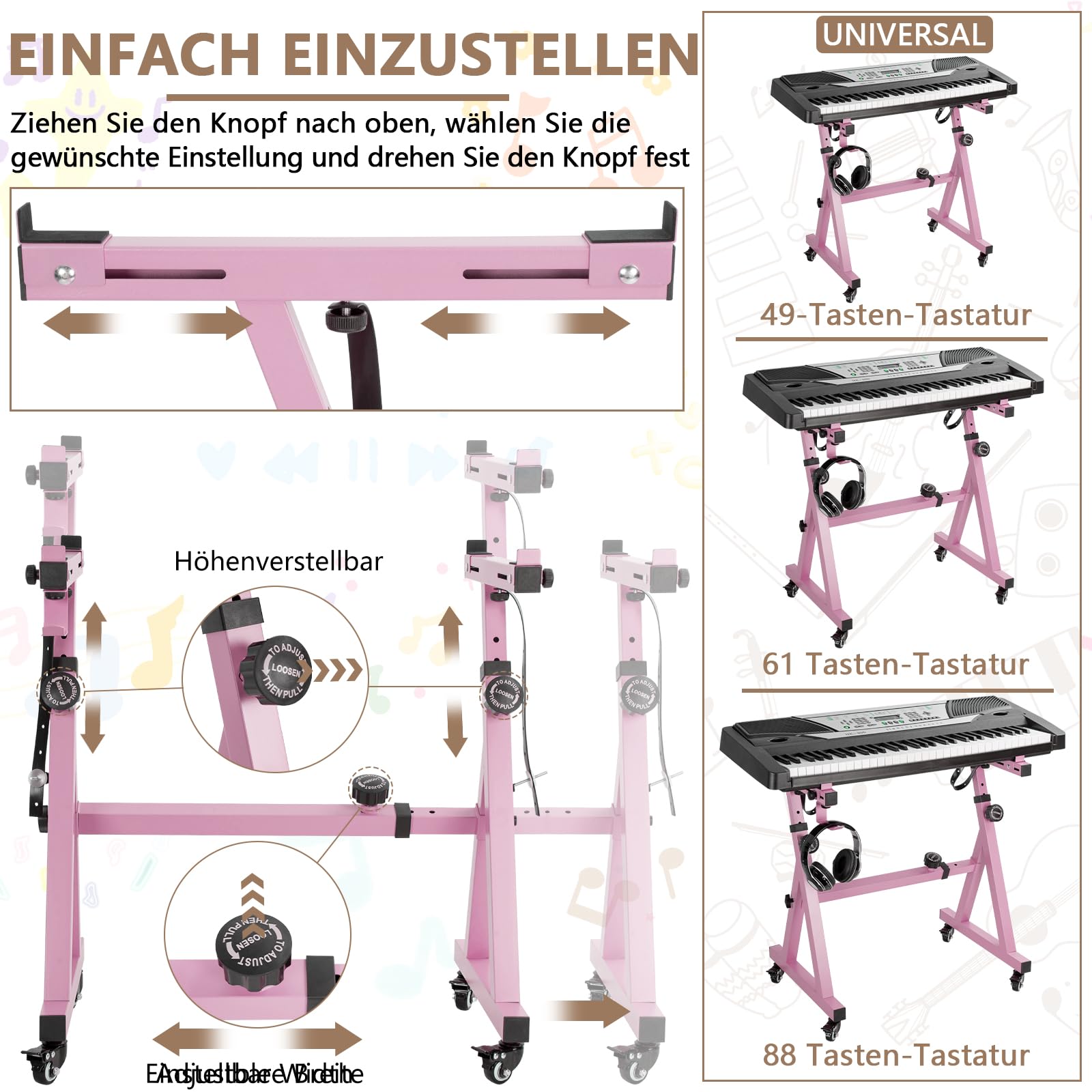 OUUTMEE Soporte para teclado, ruedas, soporte para teclado, forma de Z, ajustable, con riel deslizante, fácil de usar (Z-Rosa) | Con ruedas, fácil de usar, rango de altura: 55 – 87 cm, con soporte para auriculares, adecuado para ejercicios y actuaciones