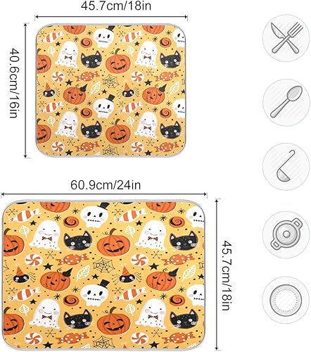 Miniatura 3 de Tapete de secado de platos de Halloween para encimera de cocina, calavera, calabaza, bruja, ultra absorbente, reversible, de microfibra, resistente