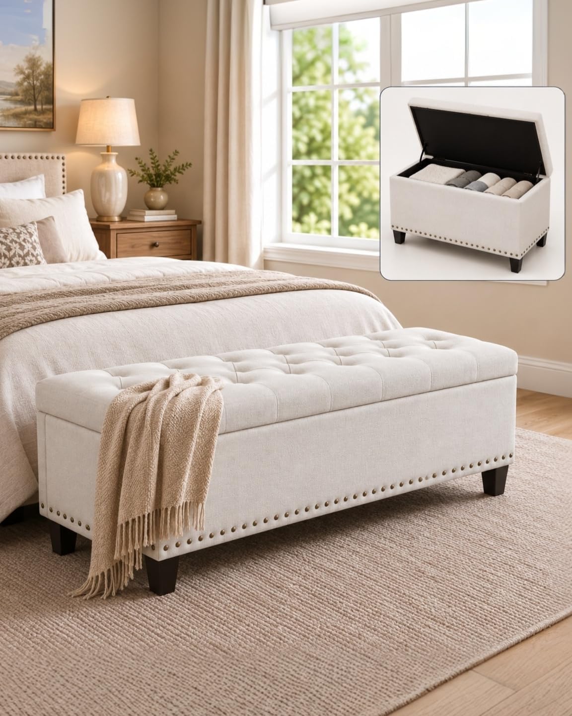 Tbfit 50.8" Ottoman with Storage, Button‑Tufted Bench with Safety Hinge and Rivets, Large End‑of‑Bed Storage Ottoman Bench for Bedroom, Living Room, Entryway, Beige