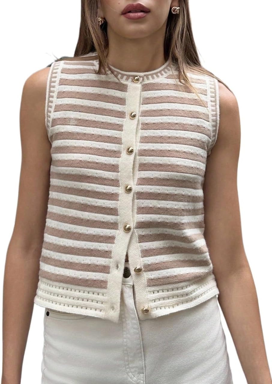 Women Fall Trendy Autumn French Button Striped Color Knit Vest Sweater Vest Top