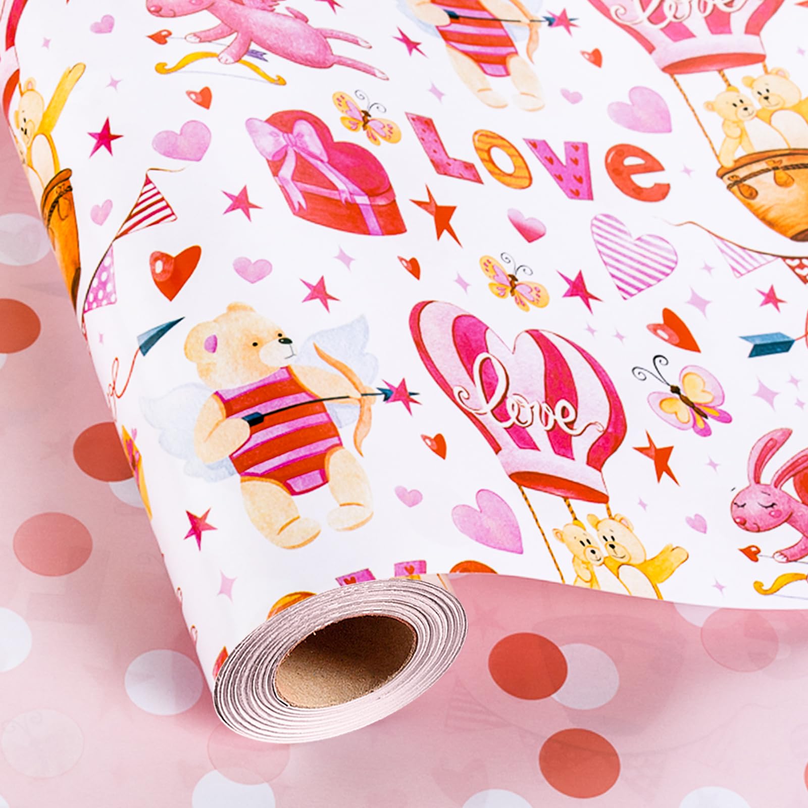 Homeral Pink Cupid Bear Wrapping Paper - Mini Roll - 17 Inch x 33 Feet - LOVE Letters, Hot Air Balloon and Rabbit & Polka Dot Reversible Gift Wrap for Valentines Day, Wedding, Bridal Shower, Birthday