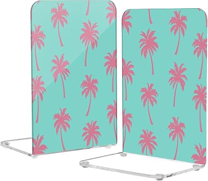 Burbuja Pink Palm Trees on Aqua Bookends for Shelves Decorative, 2 Pcs Acrylic Book Ends for Heavy Duty Books, Non-Slip Books Holder Stopper for Office Home