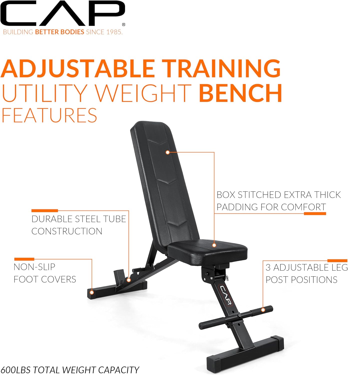 CAP Barbell Adjustable Training Utility Weight Bench | Foldable Multi-Position Incline/Flat Bench with 6 Backrest Settings, Thick Padding & 600 LB Capacity | Home Gym Workout Bench
