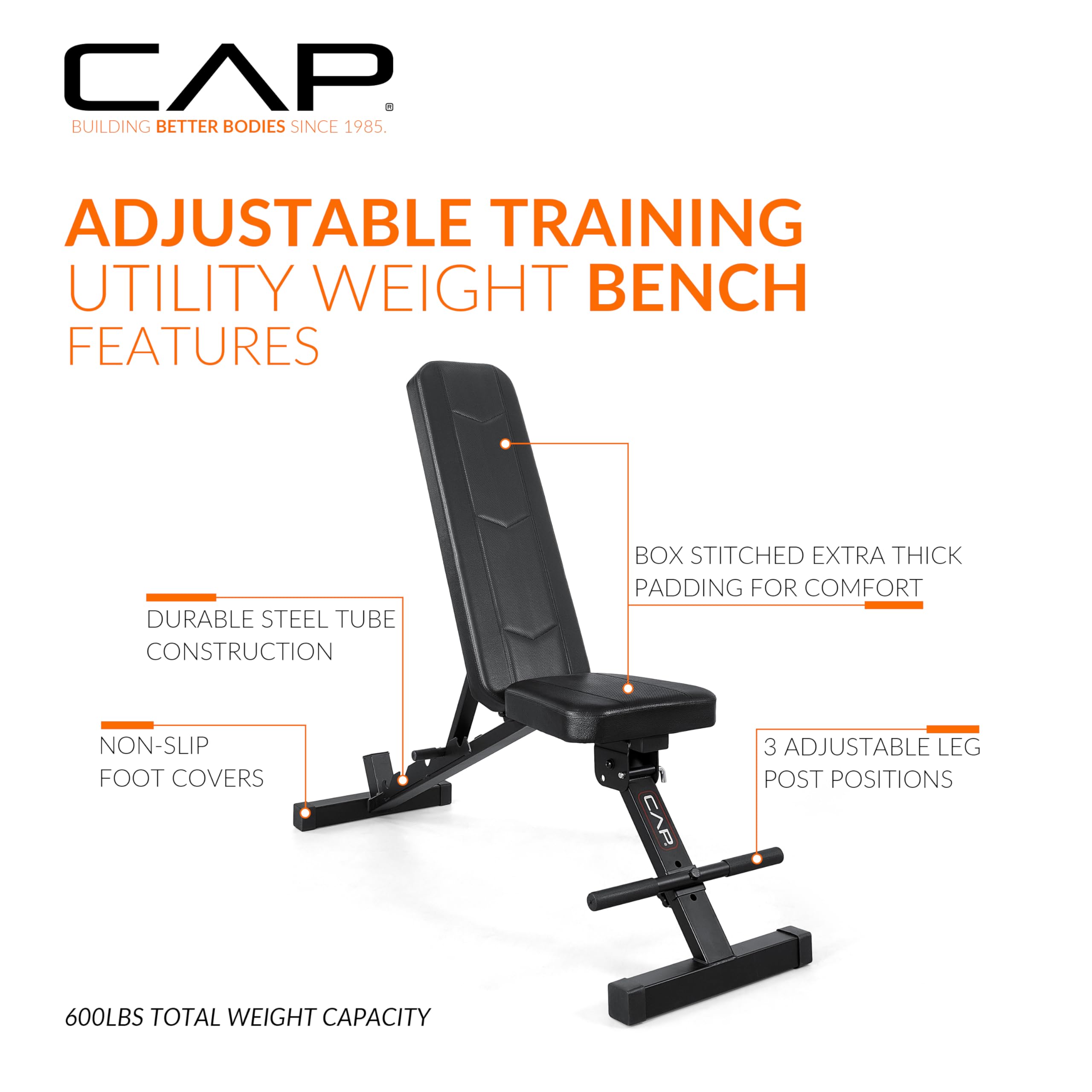 Adjustable Training Utility Weight Bench | Foldable Multi-Position Incline/Flat Bench with 6 Backrest Settings, Thick Padding & 600 LB Capacity | Home Gym Workout Bench