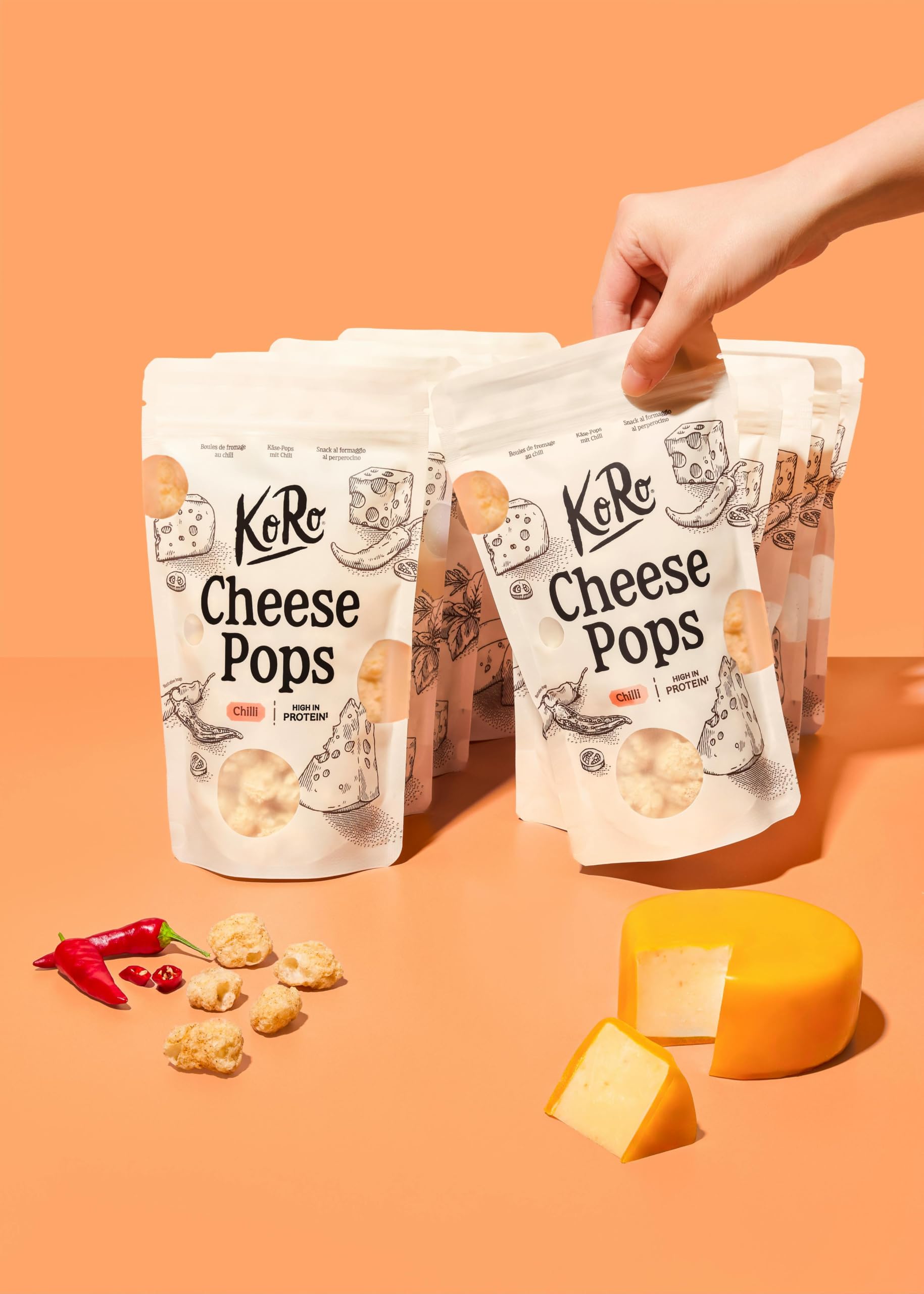 KoRo - Cheese Pops con formaggio Gouda e peperoncino 10 x 50 g - Ricco di proteine (42 g/100 g) - Extra croccanti e saporiti - Solo 2 ingredienti: formaggio e peperoncino