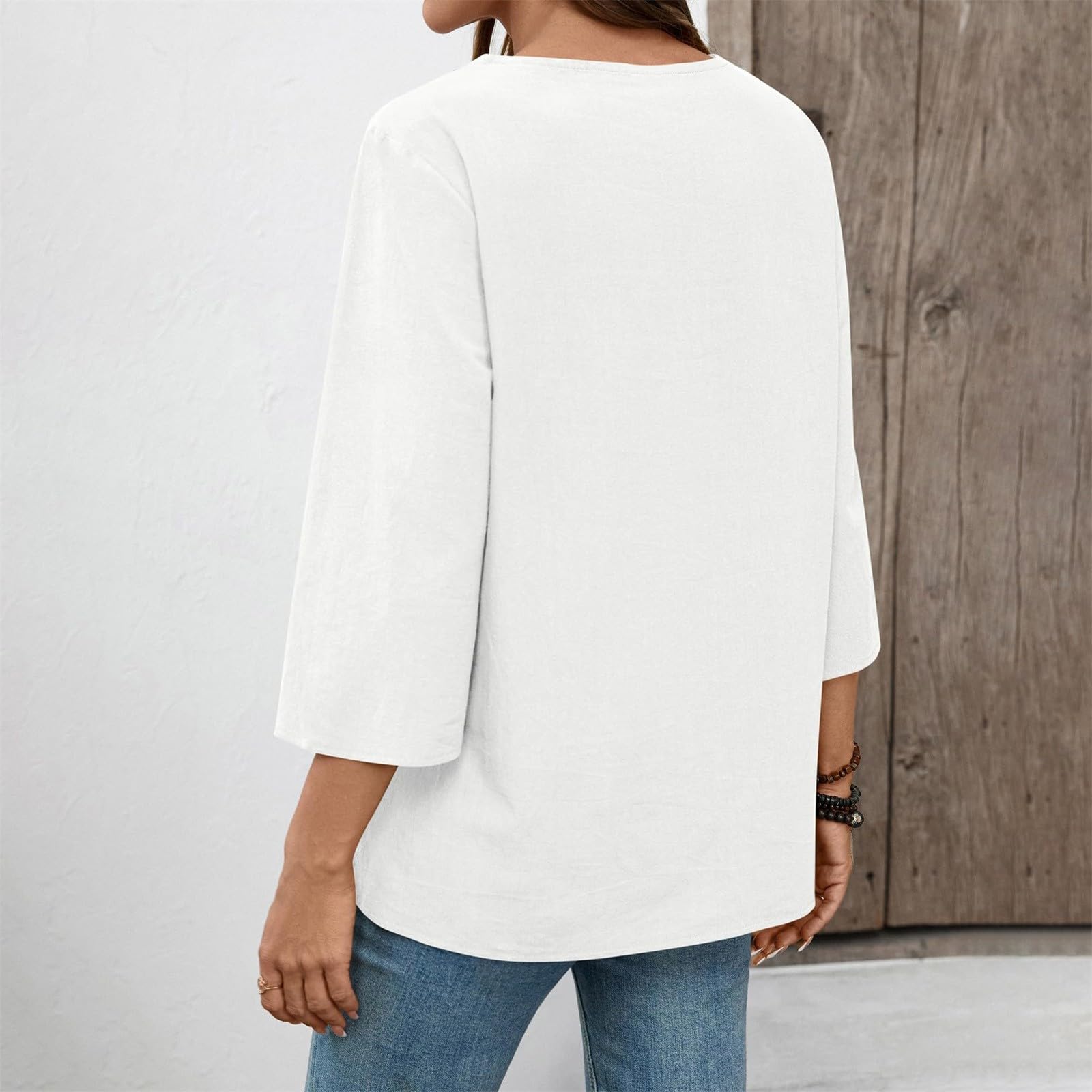 2026 - Top da donna in lino con maniche a 3/4, scollo a V, camicie casual da vacanza, vestibilità larga, tunica da contadina ricamata in stile bohémien, sottile, traspirante, oversize, da