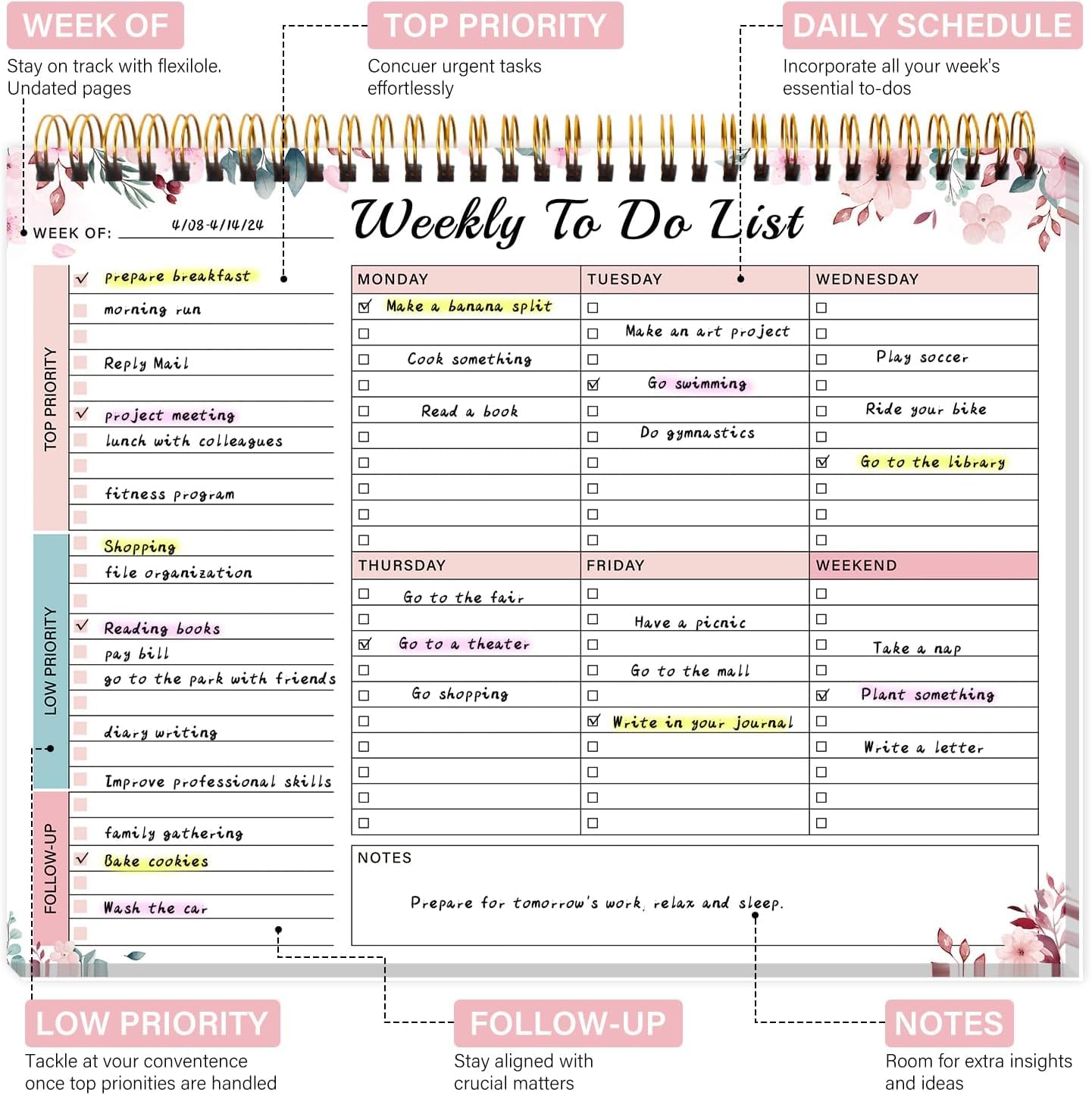 Weekly To Do List Notepad with 52 Undated Sheets(8.5"×11")- Undated Weekly Desk Planner for Women & Man, School/Office Supplies - Image 4