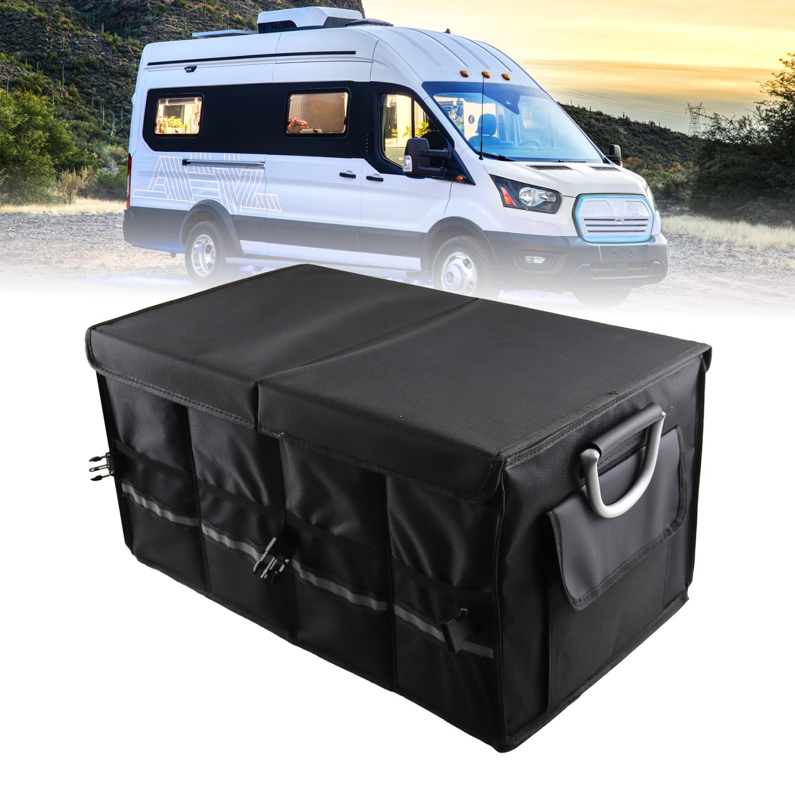 RV Waterproof Collapsible Trunk Organizer with Foldable Cover, Durable Multi-Compartment Cargo Storage, Aluminum Alloy Handles & Reflective Strips for Enhanced Safety.
