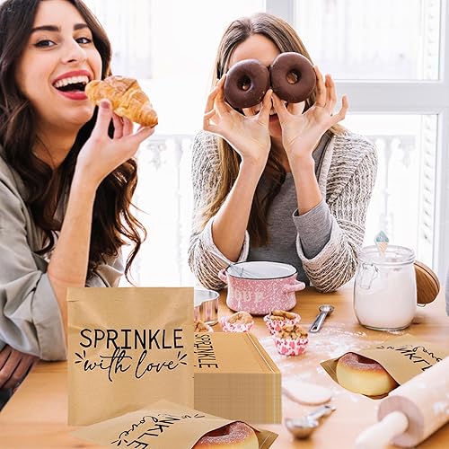 Miniatura 7 de AnyDesign Paquete de 100 bolsas de dulces de donas autoadhesivas con papel kraft para golosinas, bolsas de regalo marrón natural, bolsas de bufé