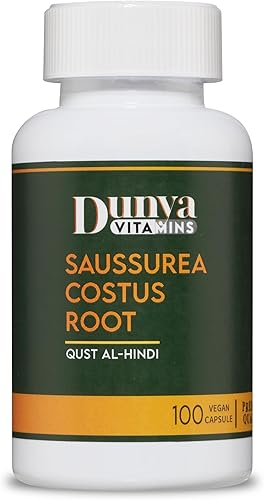Raíz de costus de saussurea  Raíz de costus premium (Kuth o Qust al-Hindi)  100 cápsulas vegetales de 1500 mg por porción de Dunya Vitamins