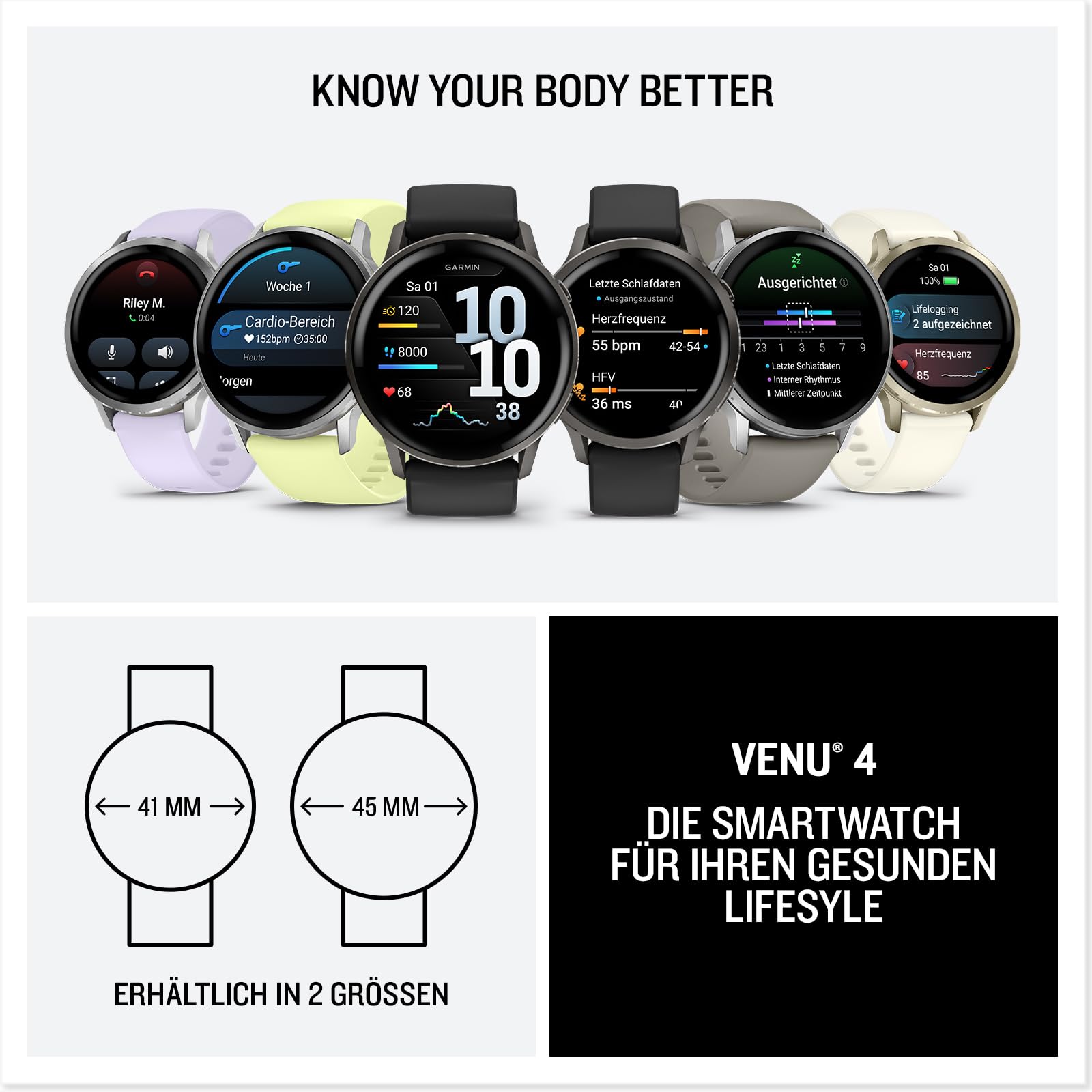 Garmin Venu 4 41mm Fitness-Smartwatch 1,2" AMOLED Touchdisplay 10 Tage Akkulaufzeit 80+ Sport-Apps EKG Health Status