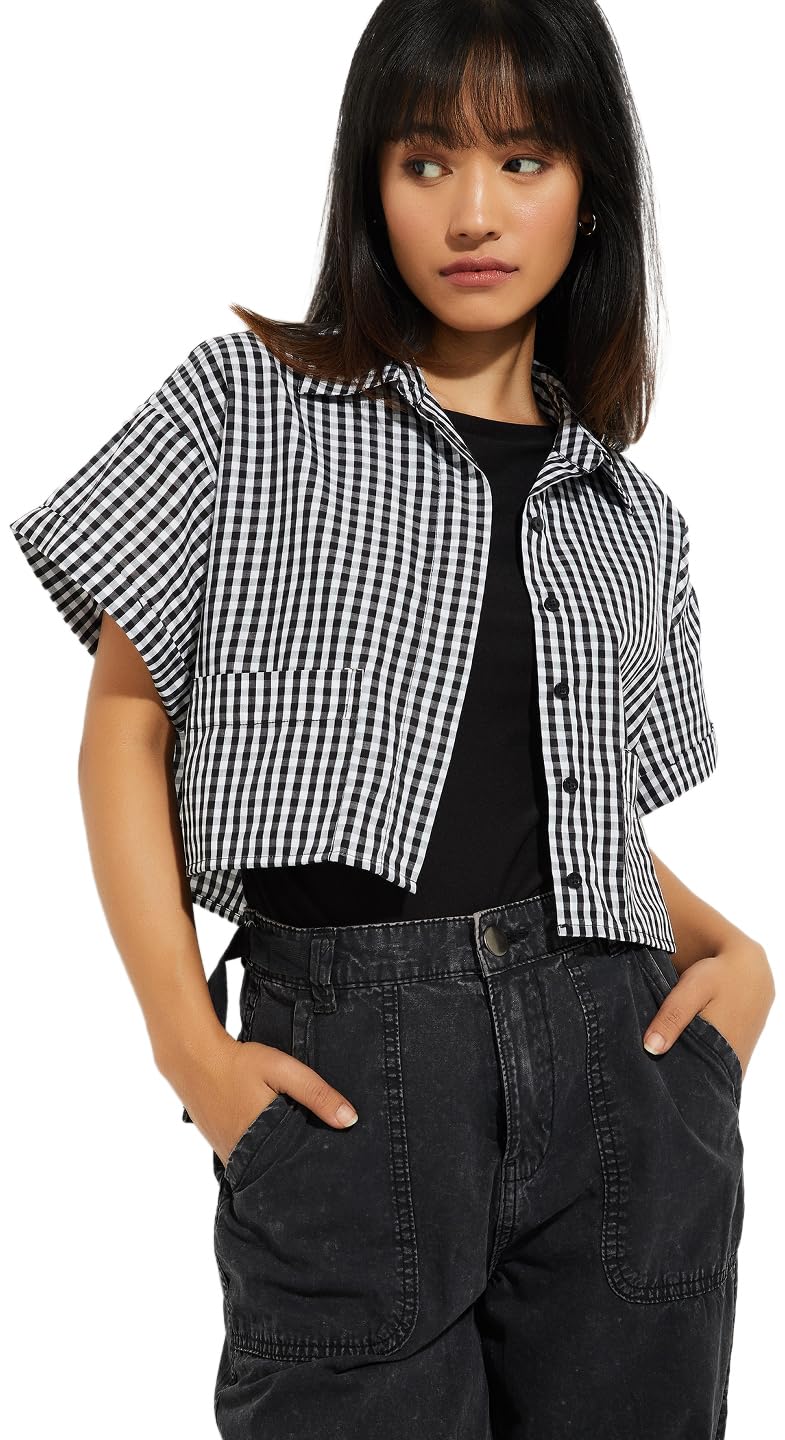 Women Cotton Regular Fit URB_N Checked Crop Shirt