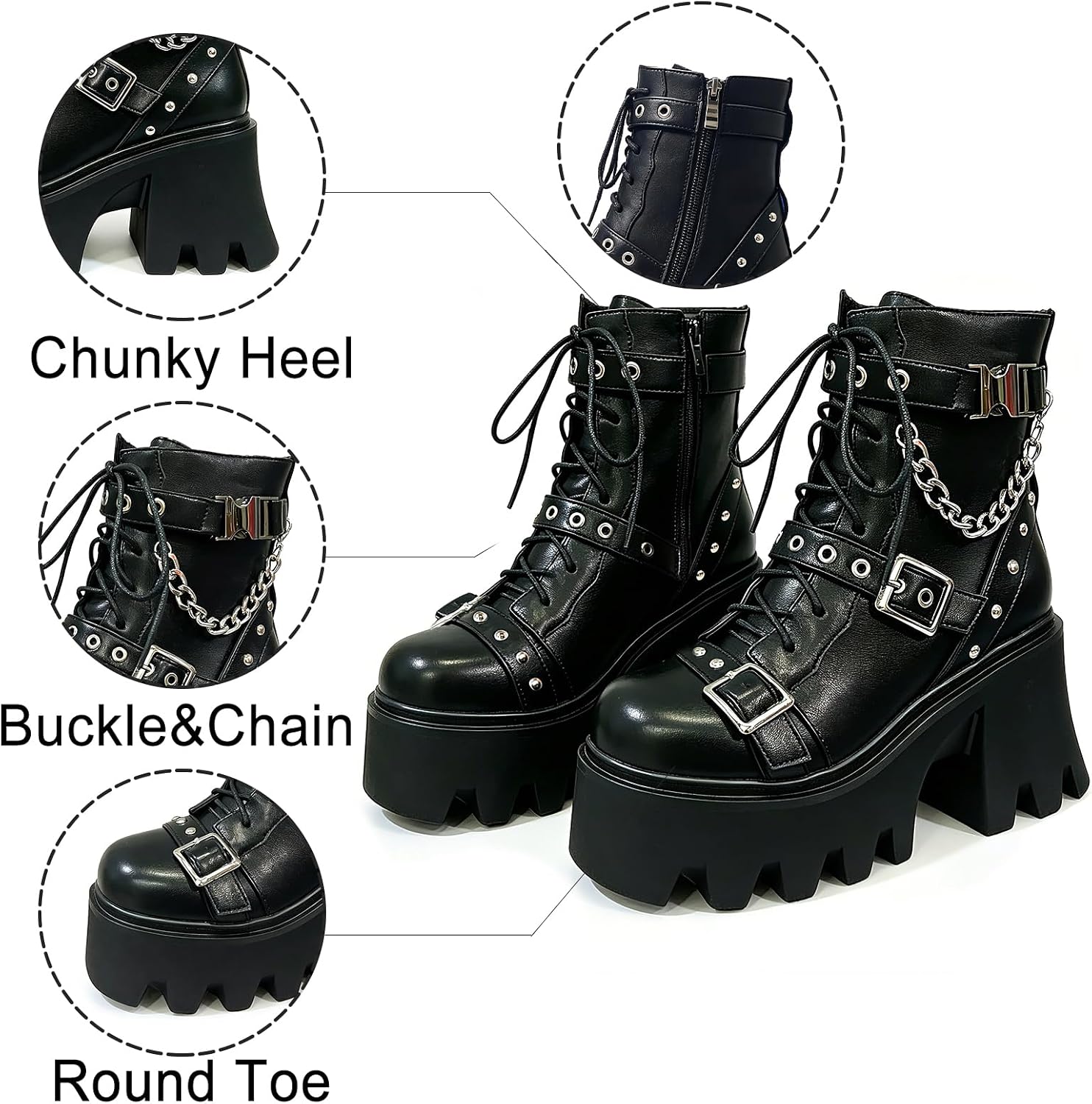 FOREADA Platform Combat Boots for Women Goth Motorcycle Moots Gothic Chunky Heel Ankle Booties Buckle Chain Lace-up Heeled Dress Shoes With Zipper