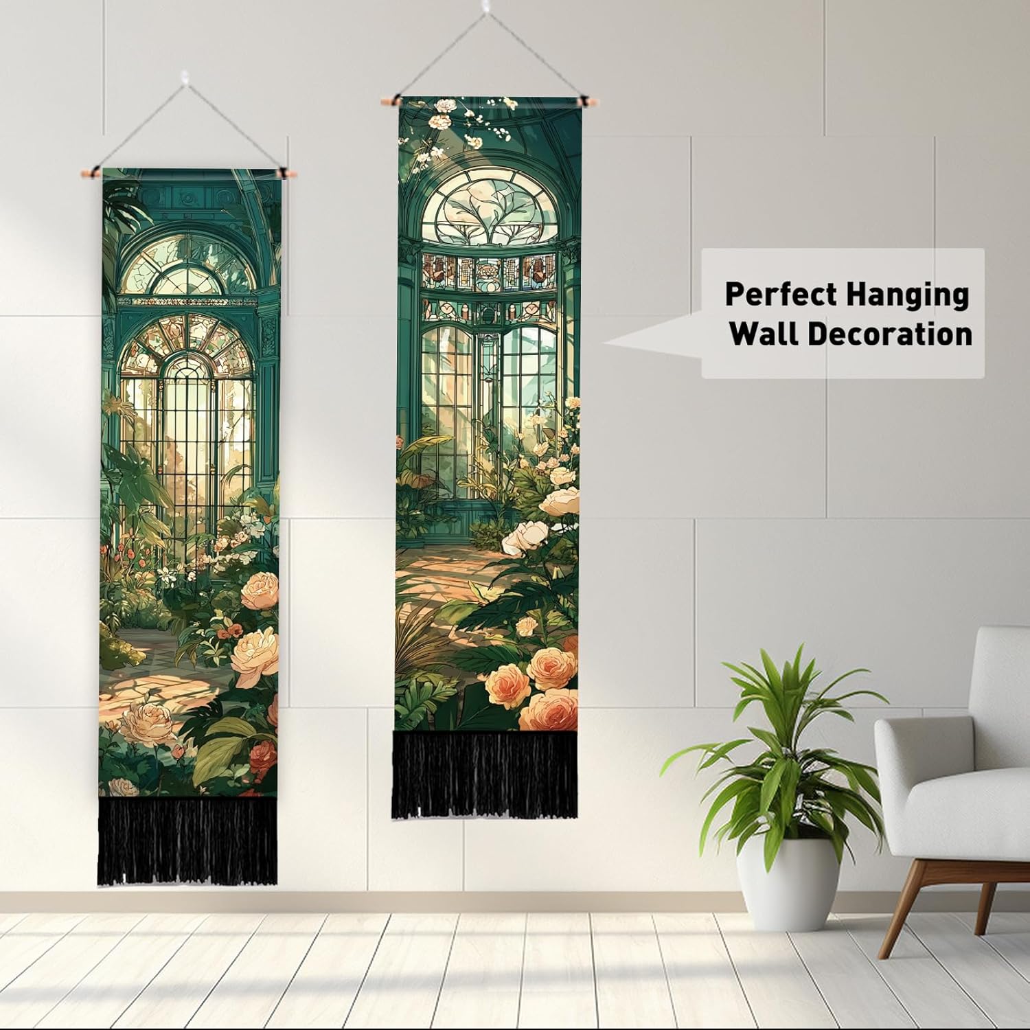 PLIGREAT Pack of 2 Window Greenhouse Wall Tapestry, Vintage Garden Flower Long Vertical Tapestry Aesthetic Wall Hanging with Tassels for Bedroom Living Room Bathroom Home Art Decor, 52 x 13 Inch